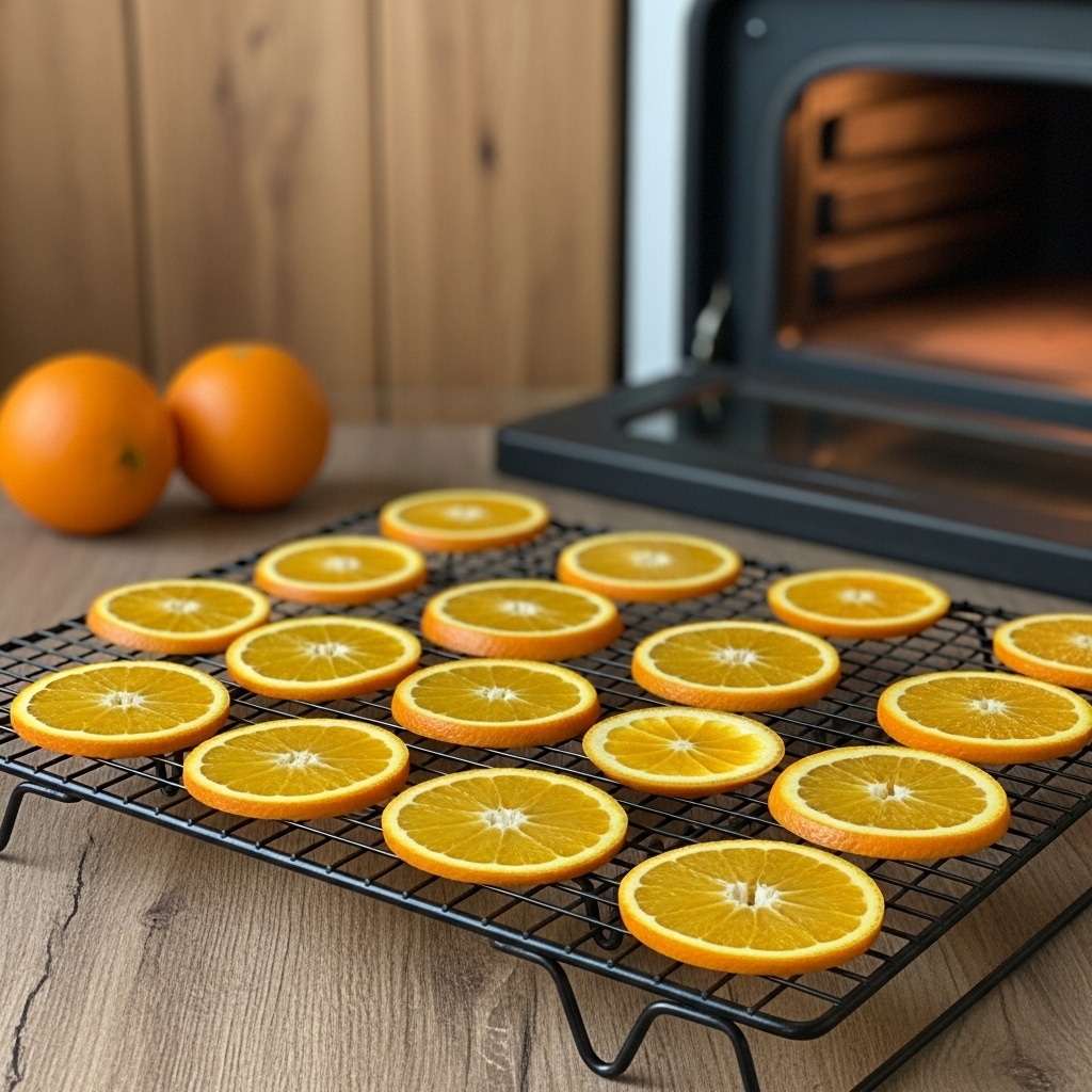 The image shows a black metal cooling rack placed on a wooden surface, holding fourteen thin, round slices of orange evenly spaced out. Each orange slice is bright orange with a glossy texture and visible segments, showing the juicy inside clearly. Behind the rack, there is a warm, rustic background with a wooden wall, two whole oranges on the left, and a dark oven opening on the right with a soft, warm glow inside. The scene has a cozy, natural light effect. photo taken with an iphone --ar 4:5 --v 7