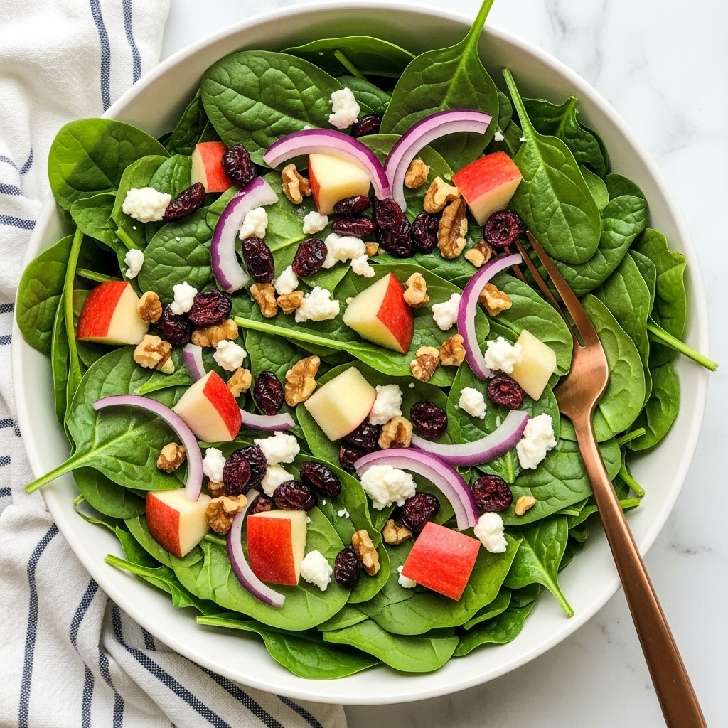 The image shows a fresh salad served in a white bowl placed on a white marbled surface. The salad has several layers starting with large, dark green spinach leaves forming the base. On top, there are chopped pieces of red apple with white insides and patches of red skin, adding a pop of color. Small pieces of red onion with a translucent purple hue are scattered throughout. Deep red dried cranberries add a chewy texture and contrast to the greens. Crumbled white goat cheese is sprinkled lightly on top, adding a creamy appearance. The salad looks slightly glossy, suggesting a light dressing. A copper-colored spoon is partially visible resting in the bowl. Part of another similar white bowl is visible to the side, along with a striped blue and white cloth. Photo taken with an iphone --ar 4:5 --v 7