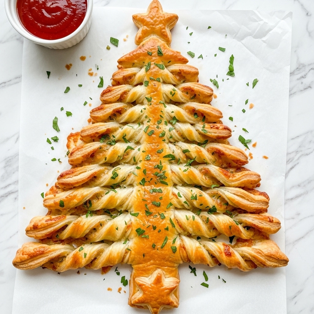 A golden-brown puff pastry shaped like a Christmas tree with layered twisted branches showing a soft, flaky texture mixed with a melted cheese or herb filling peeking through. The top layer is crispy and shiny, sprinkled with chopped fresh green parsley for color contrast. The tree has a star shape on the top and bottom, adding festive decoration. The pastry rests on parchment paper placed on a white marbled surface, with a small white bowl of red dipping sauce partially visible in the top left corner. photo taken with an iphone --ar 4:5 --v 7