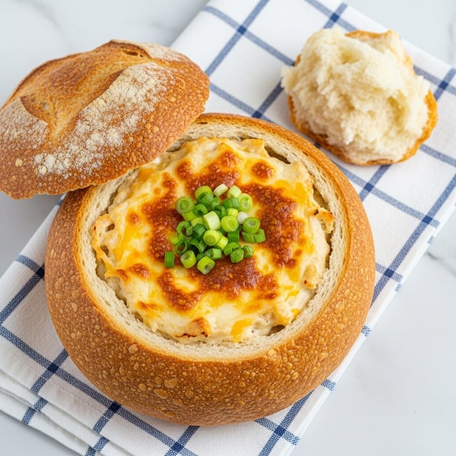 A round hollowed-out loaf of bread with a golden brown crust and a rough texture on the outside holds a creamy hot crab dip inside. The dip has a mix of melted white and yellow cheese with browned spots on top, and is garnished with chopped green onions in the center. Next to the bread bowl, there is a piece of torn soft white bread resting on a white cloth with a blue check pattern. The whole setup is placed on a white marbled surface. photo taken with an iphone --ar 4:5 --v 7