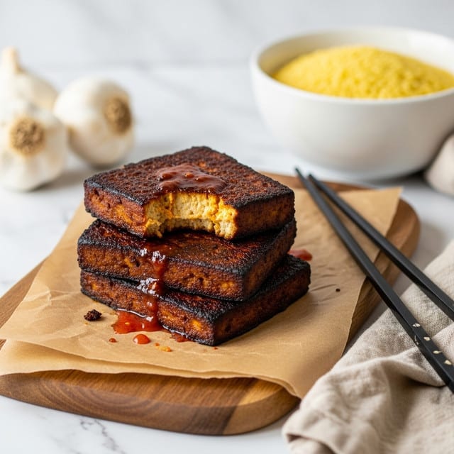 The image shows three dark brown tofu slices stacked on brown parchment paper on a wooden board, with the top slice having a bite taken out, revealing a light yellow inside. The tofu has a crispy, slightly burnt texture on the edges and some red sauce drips on and around the stack. A pair of black chopsticks rests to the right of the tofu, next to a beige cloth. In the background, there is a white bowl filled with yellow grains, possibly millet or couscous, and two garlic bulbs on the left. All items are on a white marbled surface. Photo taken with an iphone --ar 4:5 --v 7