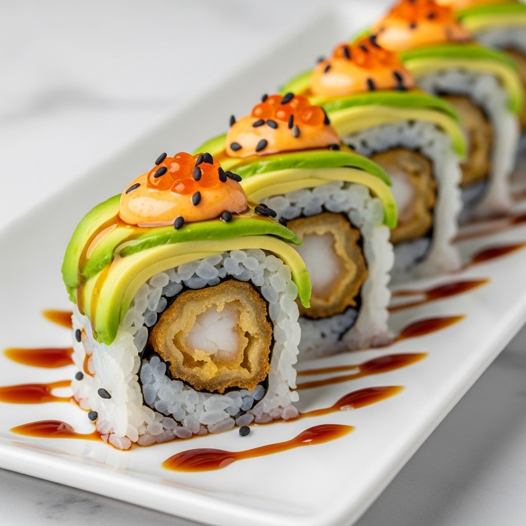 Dragon Rolls with Shrimp Tempura, Avocado, Cucumber, Tobiko, and Spicy Mayo Recipe