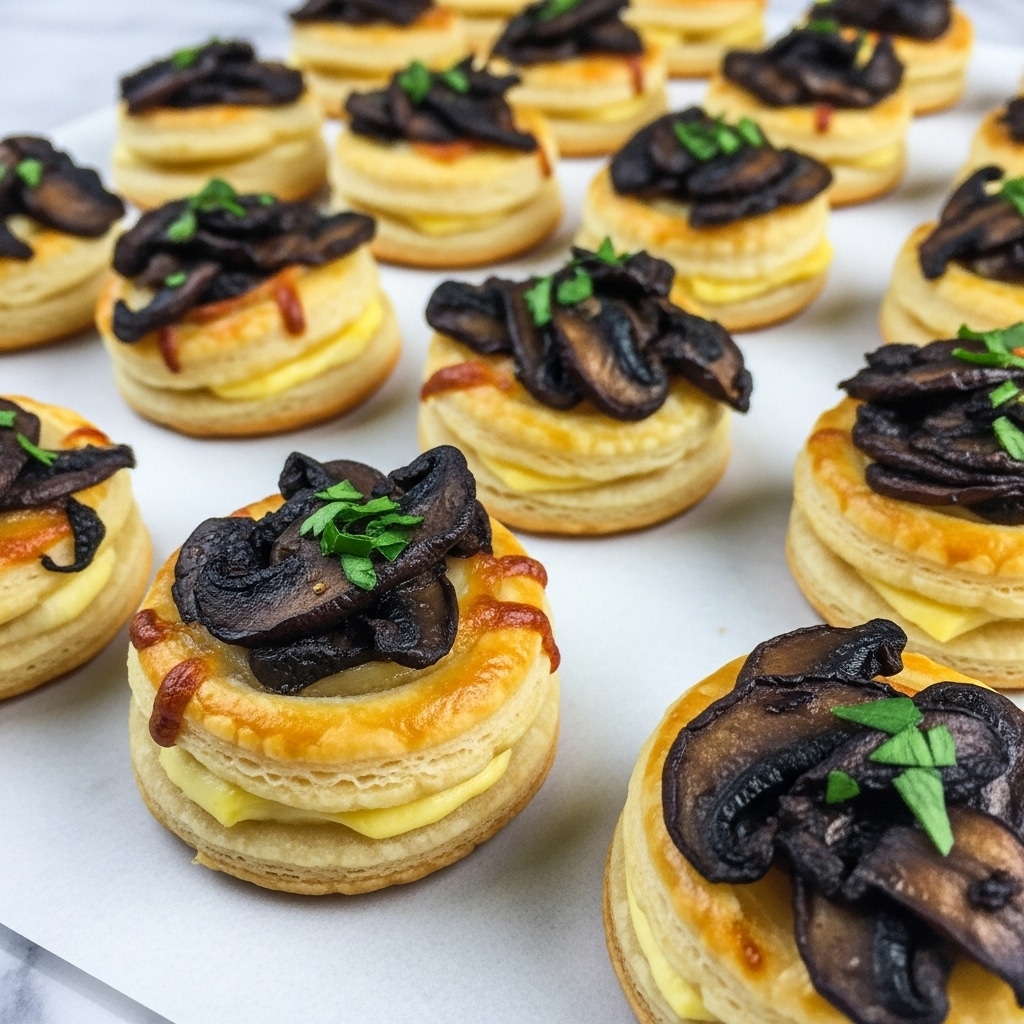 Small round puff pastry bites form the base layer, golden brown and flaky with visible layers. On top of each pastry is a melted cheese layer, light yellow with a slightly bubbly texture. Each bite has a thick, dark brown cooked mushroom slice layered over the cheese, with some mushrooms showing a slight crisp around the edges. Bright green chopped herbs are scattered atop each mushroom, adding a fresh contrast. All the bites are arranged closely together on a white marbled surface. Photo taken with an iphone --ar 4:5 --v 7