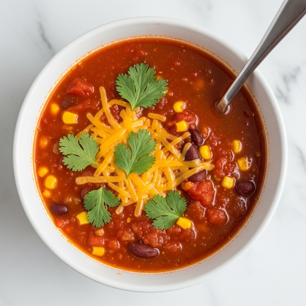 A white bowl filled with thick red tomato soup containing visible pieces of corn and beans, topped with melted yellow cheese and fresh green cilantro leaves scattered on top. A silver spoon rests inside the bowl, slightly submerged in the soup. The bowl is set on a white marbled surface. photo taken with an iphone --ar 4:5 --v 7