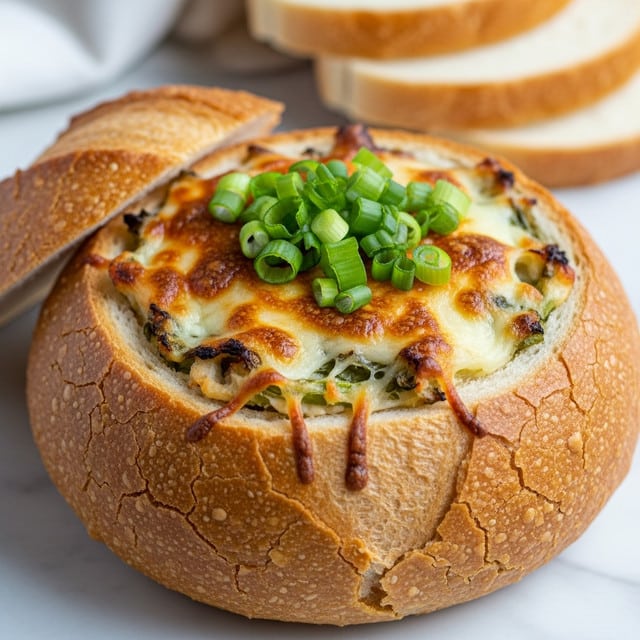 The image shows a round loaf of bread hollowed out and filled with a creamy hot crab dip. The dip has a golden-brown melted cheese top with some darker browned spots and bits of green vegetables mixed in. On top, there is a small pile of chopped fresh green onions. The bread crust is golden and cracked, forming a sturdy bowl around the dip. In the background, there are slices of plain white bread stacked slightly out of focus on a white marbled surface. Photo taken with an iphone --ar 4:5 --v 7