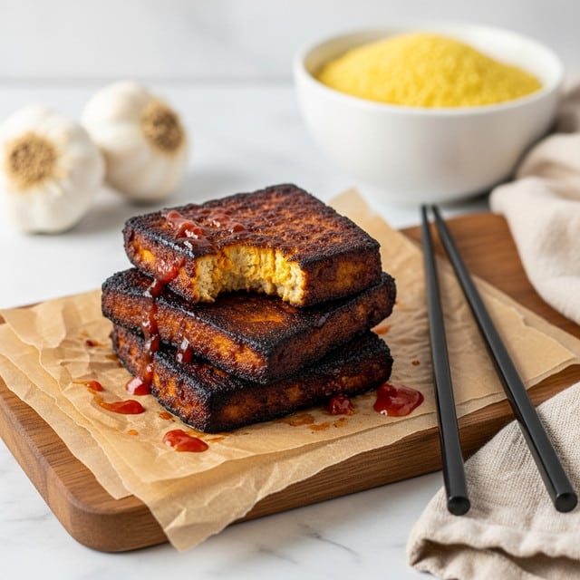 The image shows three rectangular pieces of grilled tofu stacked on a piece of brown parchment paper on a wooden board over a white marbled surface. The tofu is golden brown with some charred edges and has a glossy reddish-brown sauce drizzled unevenly on top and around it. In the background, a white bowl filled with yellow rice is partly visible, along with a clove of garlic and a beige cloth with black lines on it. A pair of black chopsticks rest beside the tofu. photo taken with an iphone --ar 4:5 --v 7