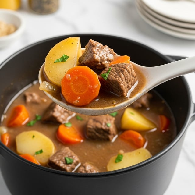A close-up of a large white spoon holding a spoonful of stew above a black pot, showing chunky pieces of orange carrot, light golden potato slices, brown meat cubes, and small bits of green herbs on top, all sitting in a thick, brown broth with visible pieces of vegetables. The pot is set against a white marbled texture background, and some blurred plates and containers are in the distance. photo taken with an iphone --ar 4:5 --v 7