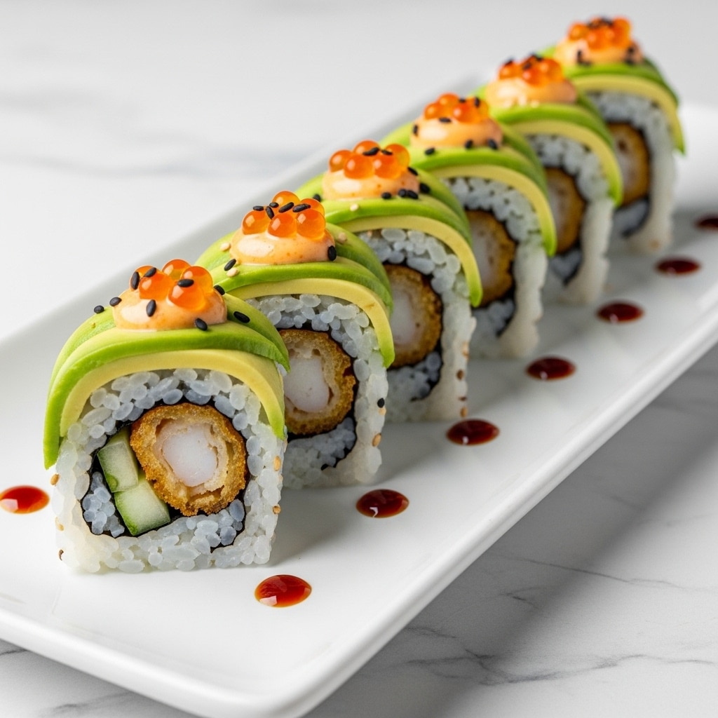 A sushi roll is neatly arranged on a long white plate, placed on a white marbled surface. The roll has five visible layers: the base layer is white sticky rice holding the whole roll together, followed by a layer of black seaweed inside. Inside the seaweed, there is a golden crispy fried shrimp and cucumber. On top of the roll, thin green slices of avocado are carefully layered. The roll is topped with small orange fish eggs and a creamy orange sauce, sprinkled with some black sesame seeds for extra texture. There are droplets of soy sauce artfully placed around the sushi roll. photo taken with an iphone --ar 4:5 --v 7