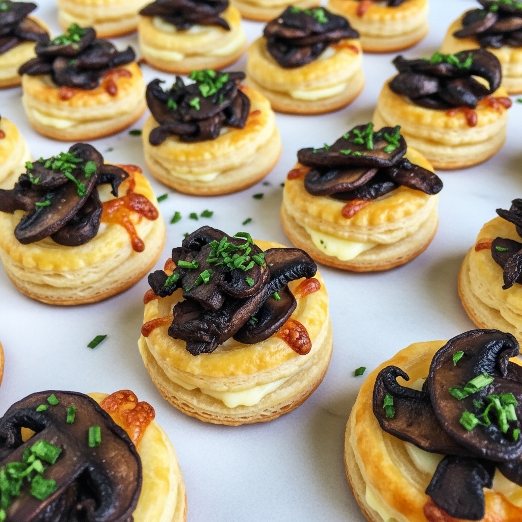 Rows of small round puff pastry bites sit on a paper-lined white marbled surface, each made of two layers: a golden brown flaky pastry base topped with caramelized dark brown mushrooms sprinkled with bright green chopped herbs. The pastries have a soft shiny texture with some cheese melted between the layers, adding a creamy touch under the mushrooms. The arrangement is close and even, showing the puffiness and careful topping of each piece. photo taken with an iphone --ar 4:5 --v 7