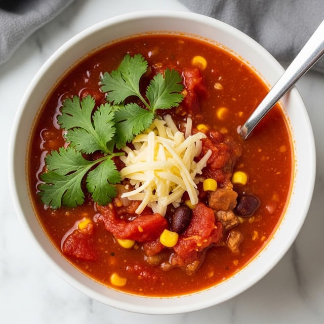 A white bowl filled with thick red tomato-based soup containing visible chunks of tomato, corn kernels, and small pieces of what looks like meat or beans, topped with a small pile of shredded light yellow cheese at the center. Bright green fresh cilantro leaves are scattered on top, adding a fresh contrast to the warm colors of the soup. A silver spoon is partially submerged in the soup on the right side of the bowl. The bowl rests on a white marbled surface with a gray cloth in the background. photo taken with an iphone --ar 4:5 --v 7