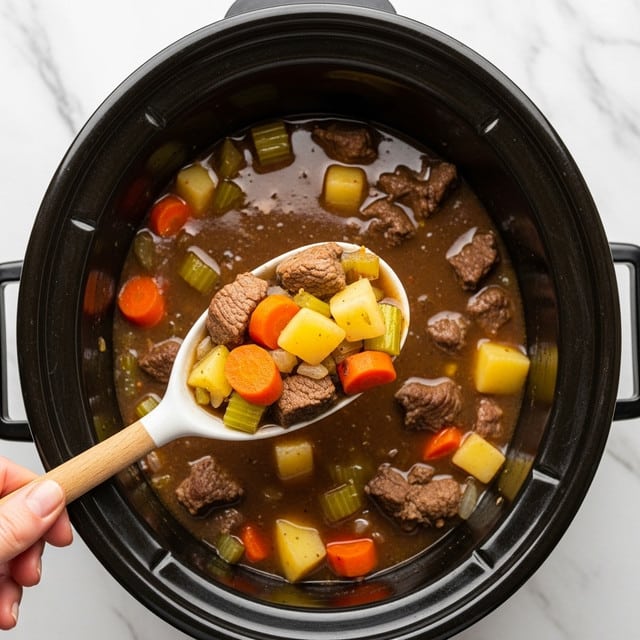 A black slow cooker filled with brown beef stew broth with visible chunks of orange carrot slices, green celery pieces, light yellow potato cubes, and tender brown beef chunks. On top, a wooden spoon with a white ceramic scoop holds a close-up mix of the same ingredients, showing the soft texture of the carrots, celery, potatoes, and beef. The slow cooker is set on a white marbled surface, and a woman's hand holds the spoon from the bottom left corner. photo taken with an iphone --ar 4:5 --v 7