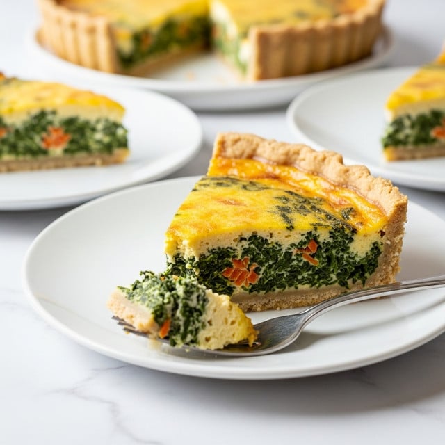 A slice of quiche sits on a white plate with a bite taken off and held by a fork nearby. The quiche has three main layers: the bottom layer is a light, crumbly crust; the middle layer is thick and full of dark green spinach mixed with bits of orange carrot; the top layer is golden-yellow, firm and slightly browned at the edges. In the background, more quiche slices are on white plates, all set on a white marbled surface. Photo taken with an iphone --ar 4:5 --v 7