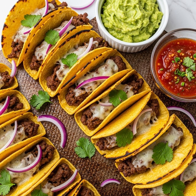 A golden crispy taco shell filled with browned ground meat and melted cheese is held by a woman's hand and being dipped into a small white ramekin of smooth, light green guacamole. The taco is slightly tilted, showing the textured yellow shell crisply folded around the meaty, cheesy filling. Nearby, more tacos lie on a dark baking sheet with bits of cilantro leaves scattered around. A clear glass bowl of thick, reddish-brown salsa sits to the left on a white marbled surface. The whole scene is close-up and brightly lit, showing the textures and fresh colors clearly, photo taken with an iphone --ar 4:5 --v 7
