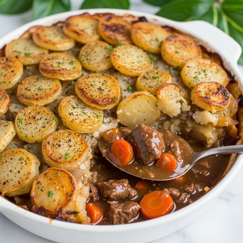 A white round dish filled with a layered potato casserole, showing a golden-brown top layer of thin, round potato slices seasoned with black pepper and herbs, some edges slightly crispy; beneath this is a glossy, rich brown stew with visible chunks of tender meat and orange carrot pieces, all coated in a thick gravy; a large silver spoon is partially submerged in the stew, resting inside the dish on a white marbled surface, with green leaves softly blurred in the background, photo taken with an iphone --ar 4:5 --v 7