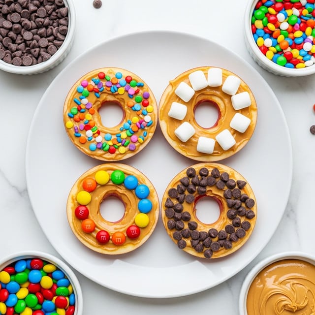 Four round apple slices with a hole in the middle are placed on a white plate on a white marbled surface. Each apple slice is spread with a smooth layer of light brown peanut butter. The top left apple slice is decorated with colorful round sprinkles that include purple, green, red, orange, yellow, white, and blue. The top right apple slice is topped with eight small white marshmallows evenly spaced around the edge. The bottom left apple slice has a circle of colorful M&M candies in yellow, red, green, blue, orange, and brown arranged around the edge. The bottom right apple slice is covered with scattered chocolate chips. Around the plate, there are three white bowls; one filled with chocolate chips, one with colorful round sprinkles, and one with creamy peanut butter. Photo taken with an iphone --ar 4:5 --v 7
