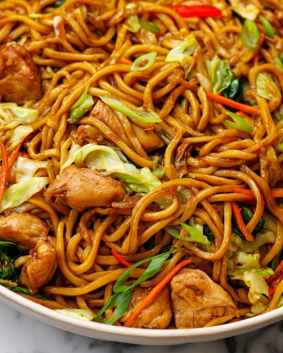 The image shows a close-up of a dish with several layers of thick brown noodles mixed with golden-brown pieces of cooked chicken. Scattered throughout are bright green leafy cabbage, thin orange carrot strips, red bell pepper slices, and green onion pieces. The textures include glossy noodles with a light sauce coating, tender chicken chunks with a slightly crispy surface, and crunchy fresh vegetables adding color contrast. All ingredients are mixed together in a white bowl, placed on a white marbled surface. photo taken with an iphone --ar 4:5 --v 7