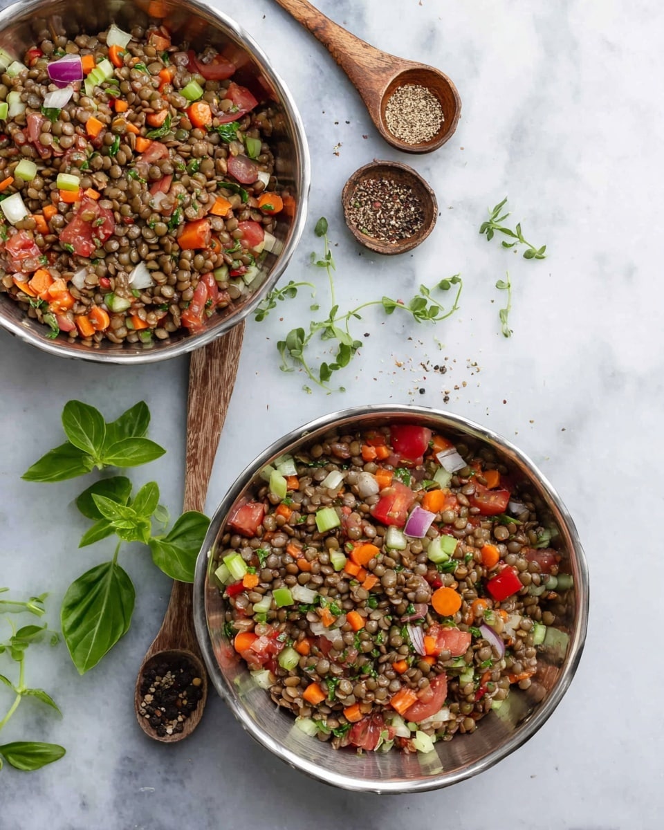 Two silver bowls filled with a colorful lentil salad sit on a white marbled surface. The salad has a mix of small brown lentils as the main layer, with chopped pieces of red tomatoes, orange carrots, green celery, white onions, and small bits of fresh green herbs scattered throughout. The lentils create a rounded texture while the vegetables add bright splashes of color and a crunchy look. Around the bowls, there are two wooden spoons filled with spices and a few fresh green leaves for decoration. photo taken with an iphone --ar 4:5 --v 7
