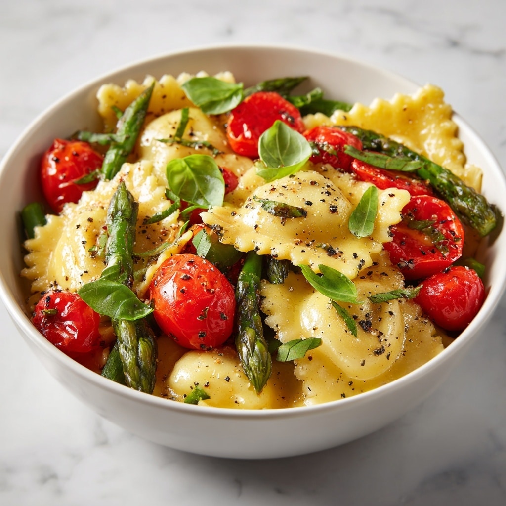 The image shows a close-up of a bowl filled with ravioli pasta, glossy and light yellow in color with ruffled edges, mixed with bright red cherry tomatoes and green asparagus pieces cut in halves or thirds. The dish is topped with small green basil leaves and sprinkled with black pepper and chopped herbs. The ingredients look shiny with a light sauce coating, creating a fresh and colorful appearance, all presented in a white bowl sitting on a white marbled surface. photo taken with an iphone --ar 4:5 --v 7