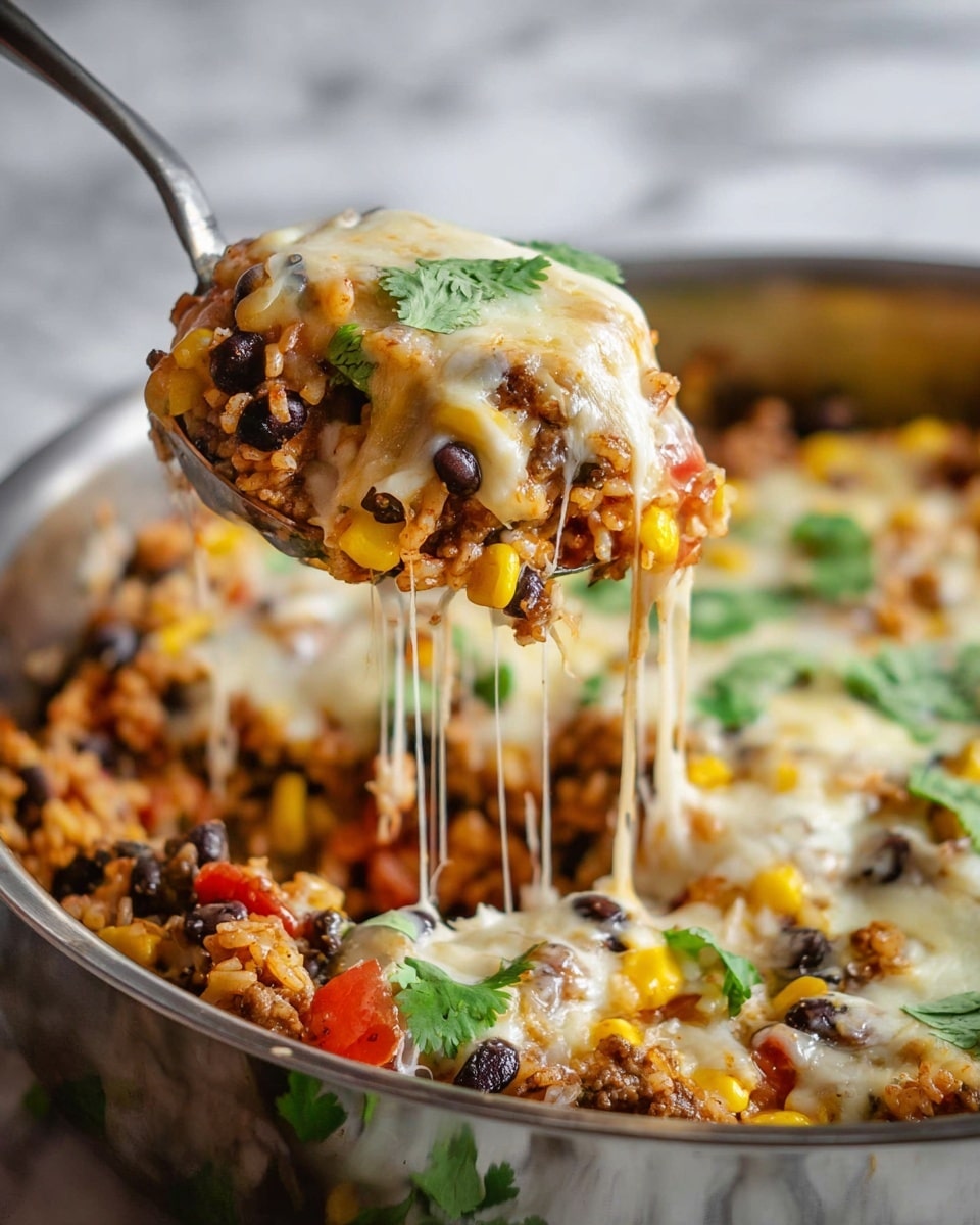 A large round pan filled with a layered dish starting with a base of cooked ground meat mixed with black beans, corn, and small pieces of red bell pepper, topped evenly with a layer of melted white and yellow cheese that appears soft and gooey. Fresh green cilantro leaves are scattered on top, adding a pop of color. The pan sits on a striped cloth over a white marbled surface, with a large spoon beside it. Photo taken with an iphone --ar 4:5 --v 7
