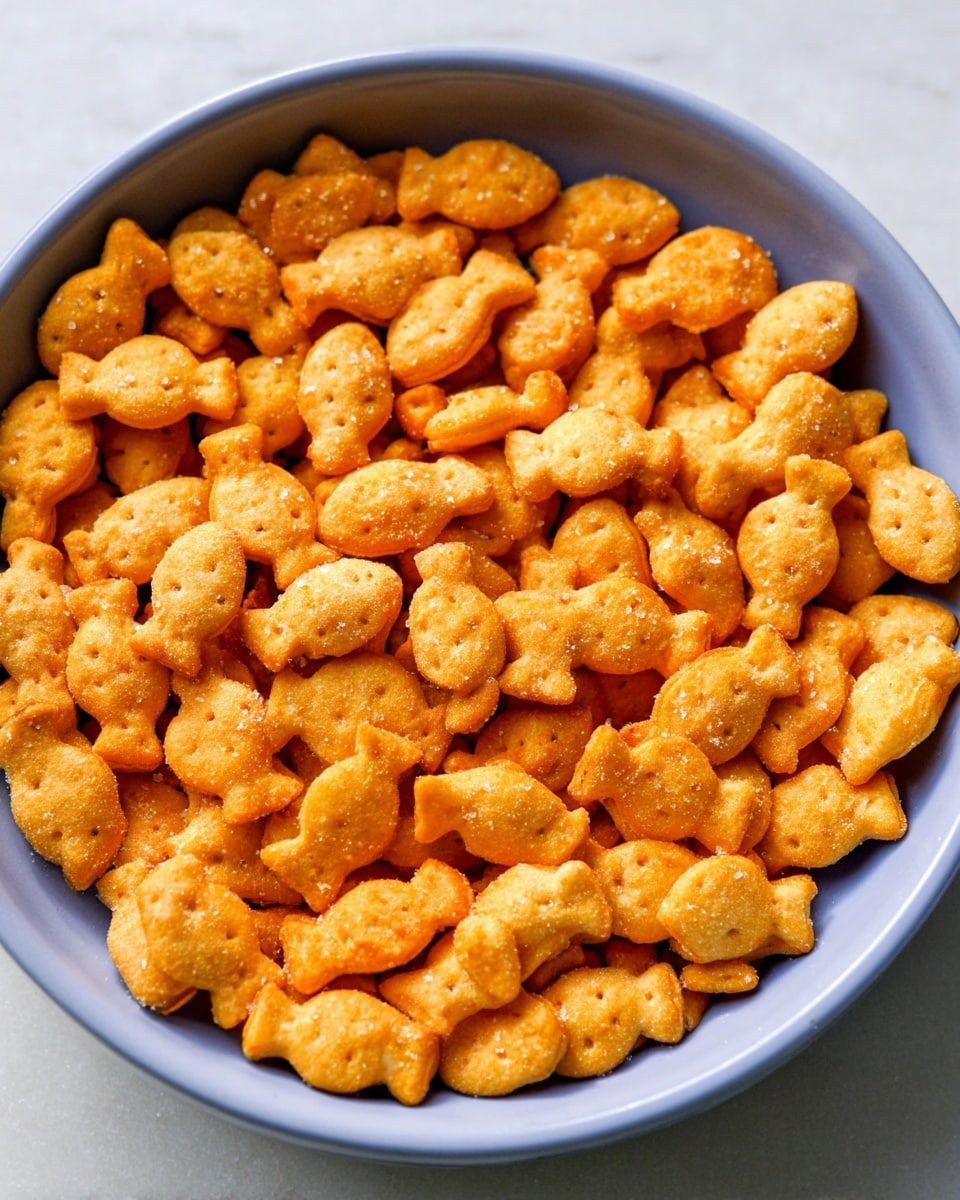 Many small orange fish-shaped crackers are neatly lined up in rows on a white marbled surface, each cracker showing a slightly rough texture with tiny holes to represent eyes and fins. The crackers have a bright, cheesy look with some sprinkled white salt grains scattered lightly between them, creating a simple pattern against the smooth marbled background. photo taken with an iphone --ar 4:5 --v 7