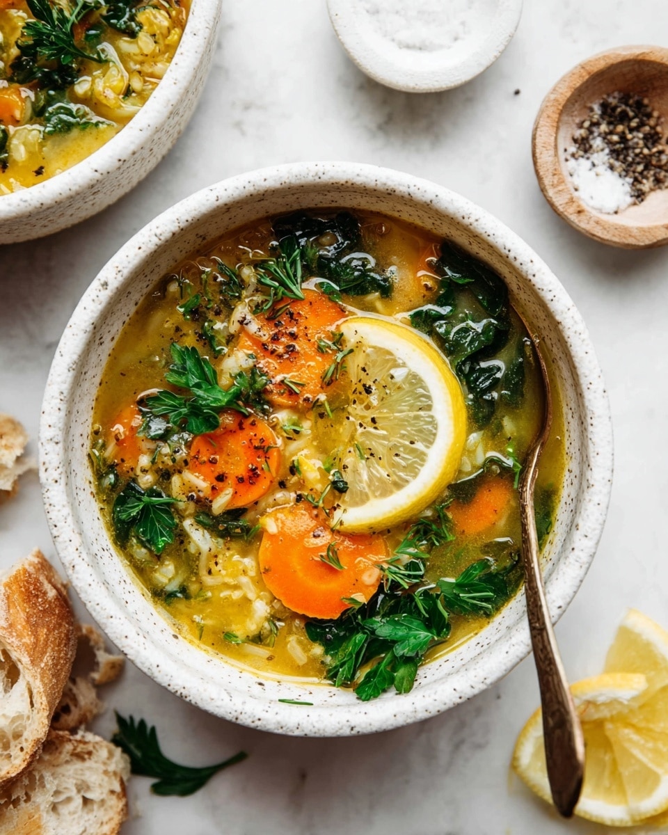 Three white speckled bowls are filled with a thick yellow soup that has visible orange carrot slices, green leafy herbs, and small grains scattered throughout. Each bowl is garnished with a wedge of lemon and a sprinkle of black pepper on top. The bowls are arranged vertically on a white marbled surface with some torn pieces of bread to the right, lemon wedges on the left, and fresh green herbs scattered around. A metal spoon is placed inside the top bowl, resting on the edge. A white cloth napkin is partially visible in the bottom left corner. photo taken with an iphone --ar 4:5 --v 7