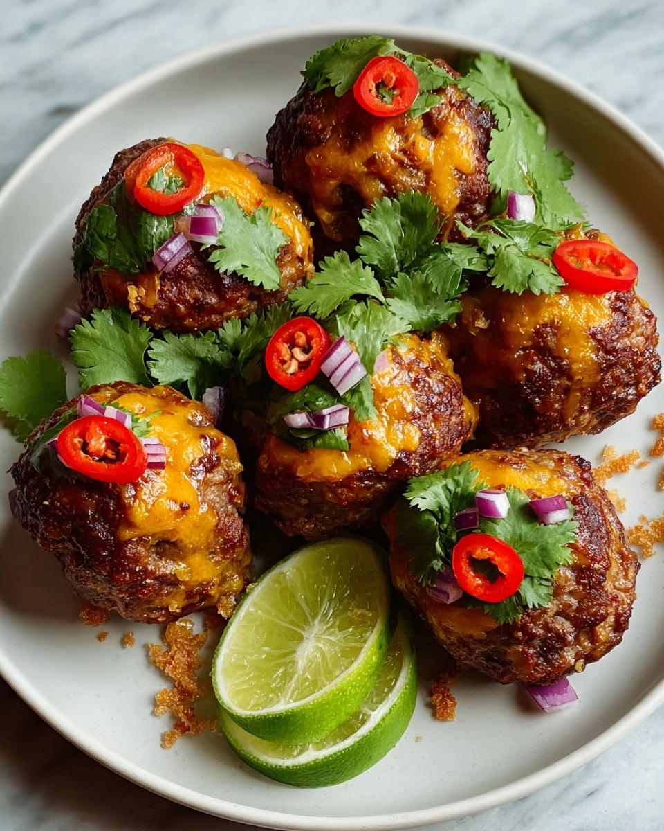 The dish shows six browned meatballs placed closely in a round white plate on a white marbled surface. Each meatball is topped with melted orange cheese and fresh green cilantro leaves. Thin red chili slices and small bits of purple onion are scattered around and on top of the meatballs. Three lime wedges with a fresh green outer skin and juicy light green inside are placed between the meatballs. The texture of the meatballs is crispy and slightly rough. There are small crunchy golden flakes scattered around the plate, adding texture and color contrast. photo taken with an iphone --ar 4:5 --v 7