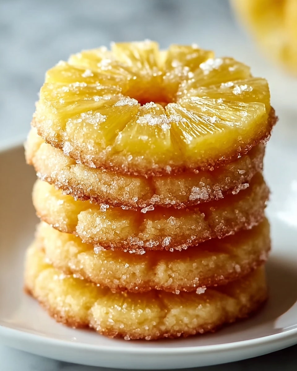 A stack of four round cookies is neatly arranged on a white plate placed on a white marbled surface. Each cookie has a golden yellow pineapple slice on top, with its juicy segments radiating from the center where coarse white sugar crystals are sprinkled. The cookie base is light golden brown, textured with granulated sugar crystals that cover the edges and surface, giving them a slightly rough look. The stack is shown close-up with soft lighting highlighting the sugar crystals and the glossy pineapple slices. Photo taken with an iphone --ar 4:5 --v 7