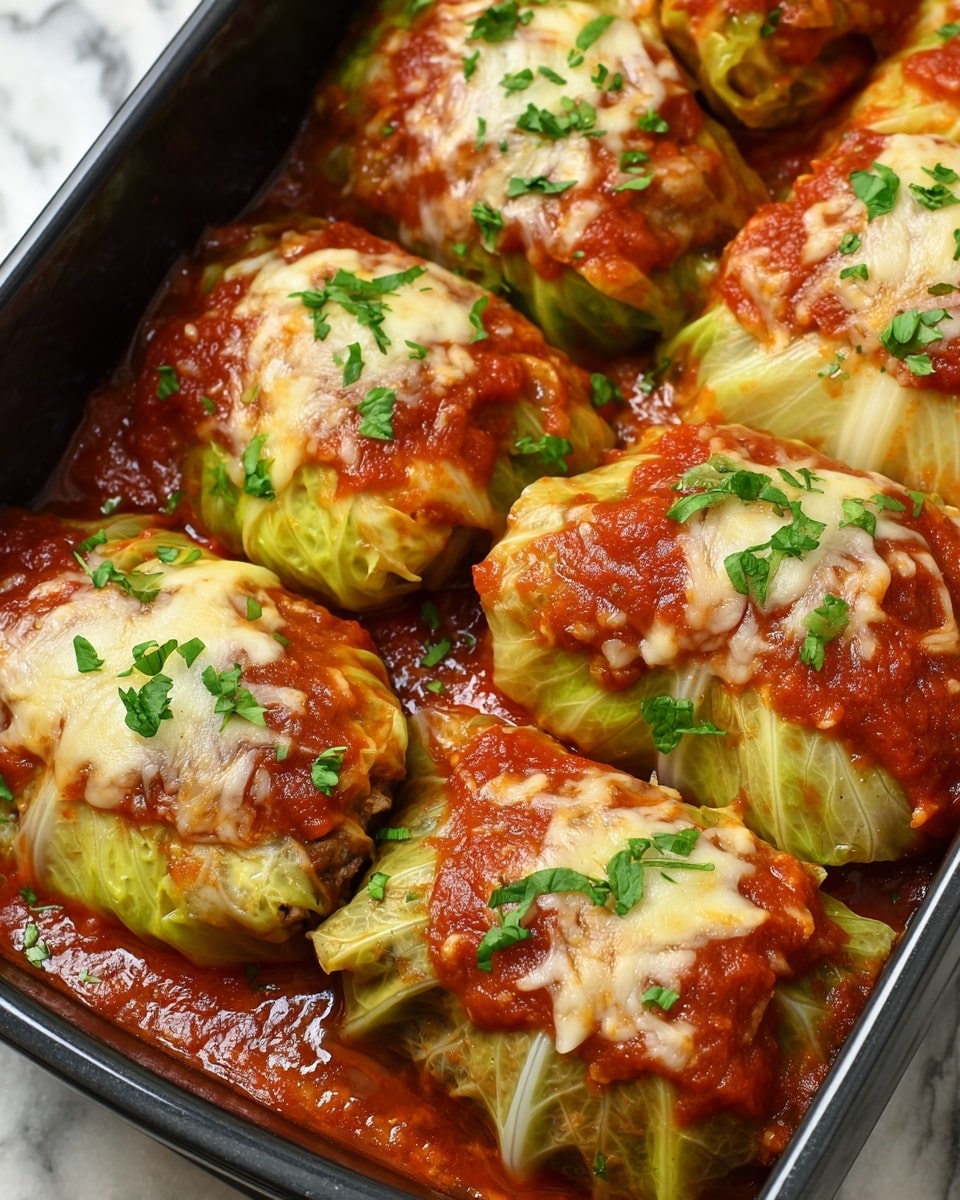 A close-up view shows three cabbage rolls on a white plate, arranged in a small pile. The outer layer is pale green, translucent cabbage leaves rolled tightly around a rich, brown meat filling visible at the ends. Each roll is covered with a thick, red tomato sauce that has a chunky texture with bits of onion, and small green parsley leaves are scattered on top for garnish. The plate sits on a blue and white striped cloth, and in the background, there is a dark baking dish filled with more cabbage rolls covered in the same red sauce, all set against a white marbled surface. Photo taken with an iphone --ar 4:5 --v 7