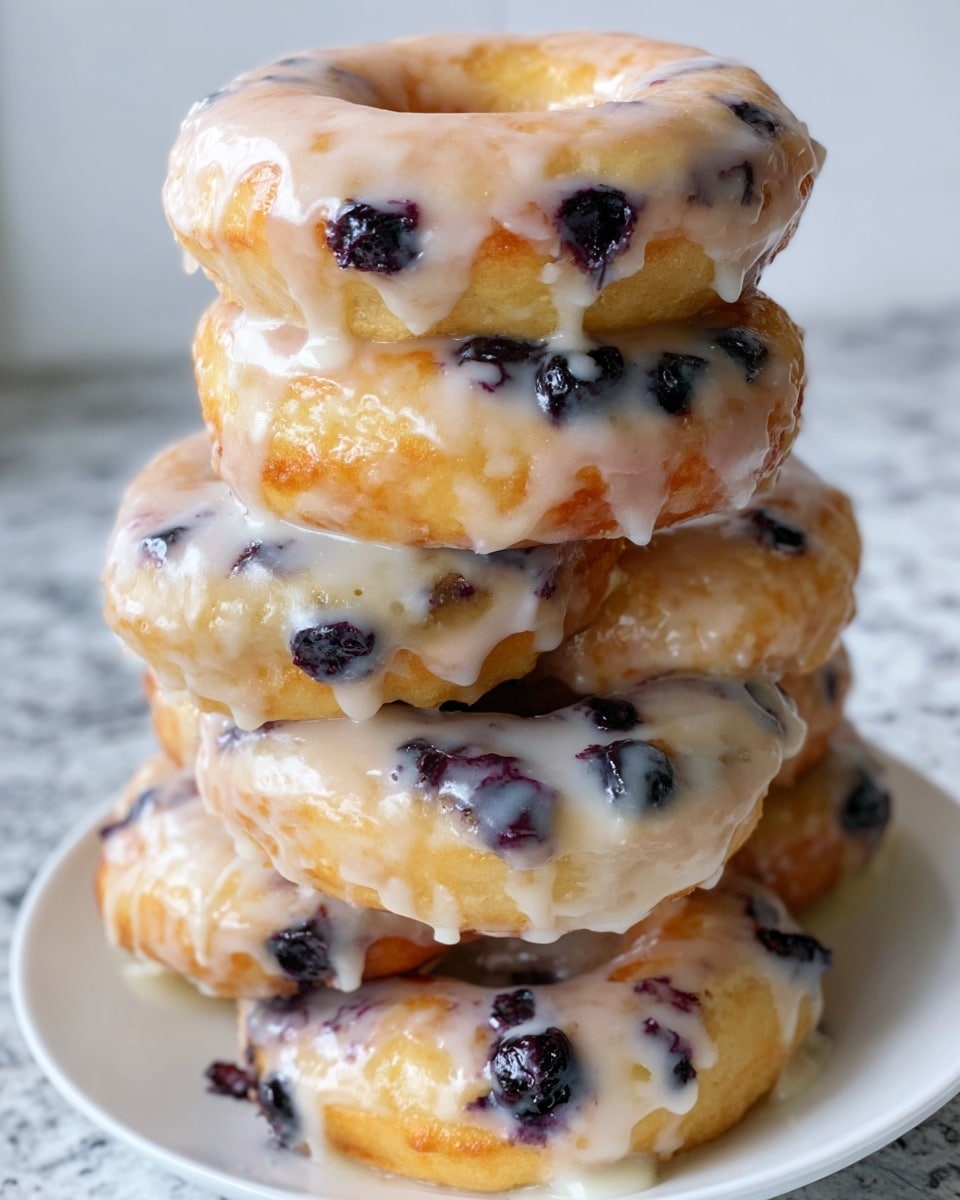The image shows a stack of seven glazed blueberry donuts on a white plate, all piled tightly together. Each donut has a light golden color with visible blueberries baked inside, appearing as dark purple spots scattered in the dough. The donuts are covered with a shiny, thick white glaze that drips slightly down the sides, creating a glossy and sticky texture. The glaze appears uneven in places, adding a natural, homemade feel. The plate sits on a white marbled surface, and the stack is viewed up close, emphasizing the soft and moist texture of the donuts. Photo taken with an iphone --ar 4:5 --v 7
