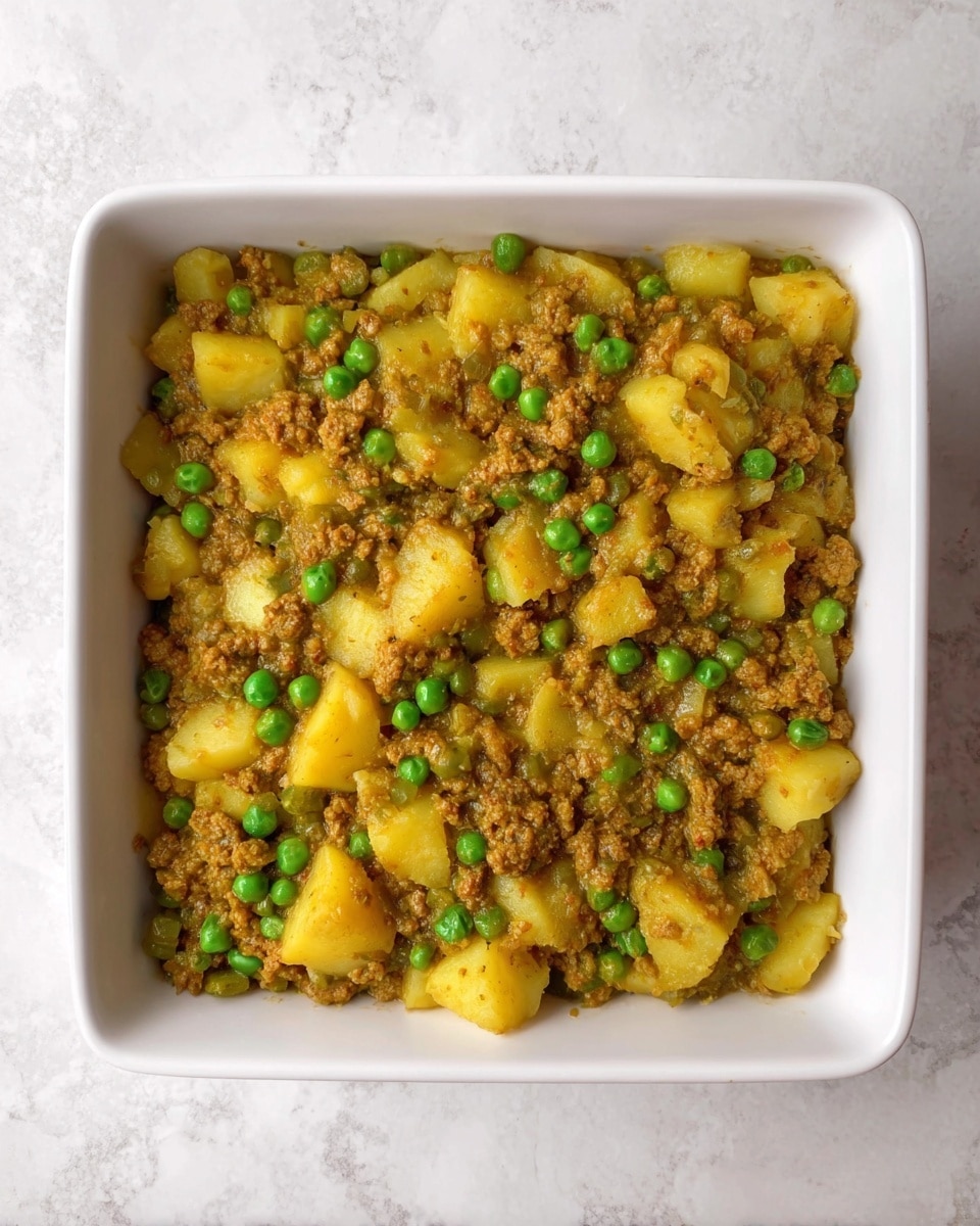 A square white dish filled with a single layered mix of yellowish cooked potatoes and brownish minced meat, scattered with bright green peas throughout. The texture looks soft and slightly chunky, with the peas standing out as small round pops of color above the rest of the mix. The dish sits on a white marbled surface, showing a clear top-down view of the food inside. photo taken with an iphone --ar 4:5 --v 7