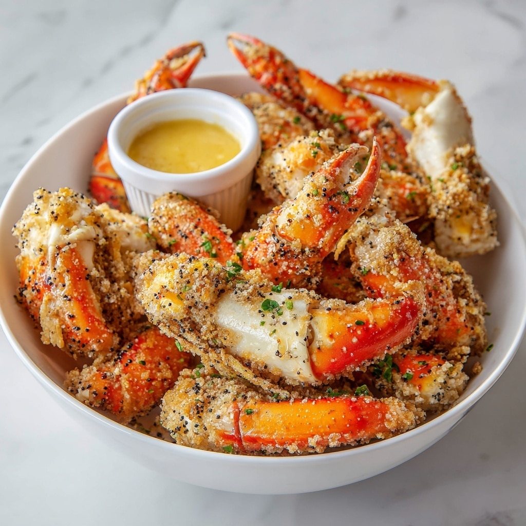 A large white bowl filled with crab claws coated in a golden-brown crumb seasoning mixed with black pepper and small green herbs, showing the contrast of the bright orange shell claws and the white crab meat underneath the crumb layer, with a small white cup of yellow dipping sauce placed at the back of the bowl on a white marbled surface. photo taken with an iphone --ar 4:5 --v 7