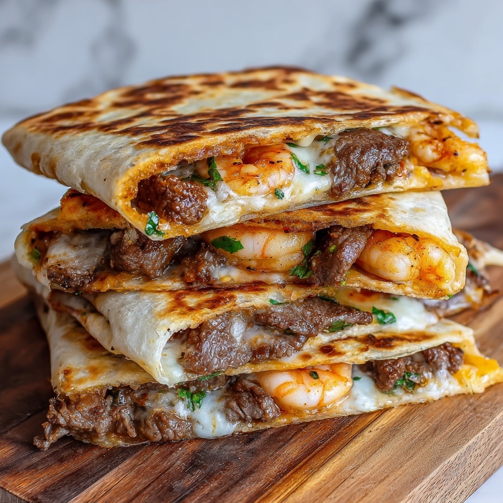 The image shows a stack of three grilled quesadilla slices arranged on a wooden board, each folded in half. The top layer is a golden-brown, slightly crispy tortilla with darker toasted spots. Inside each quesadilla, there are two main fillings: tender, juicy brown beef chunks and bright orange cooked shrimp, mixed with melted white cheese that peeks out at the edges, along with small pieces of green herbs or vegetables. The stack of quesadillas looks warm and hearty, with the layers clearly visible and slightly oozing cheese. The background is a white marbled texture. photo taken with an iphone --ar 4:5 --v 7