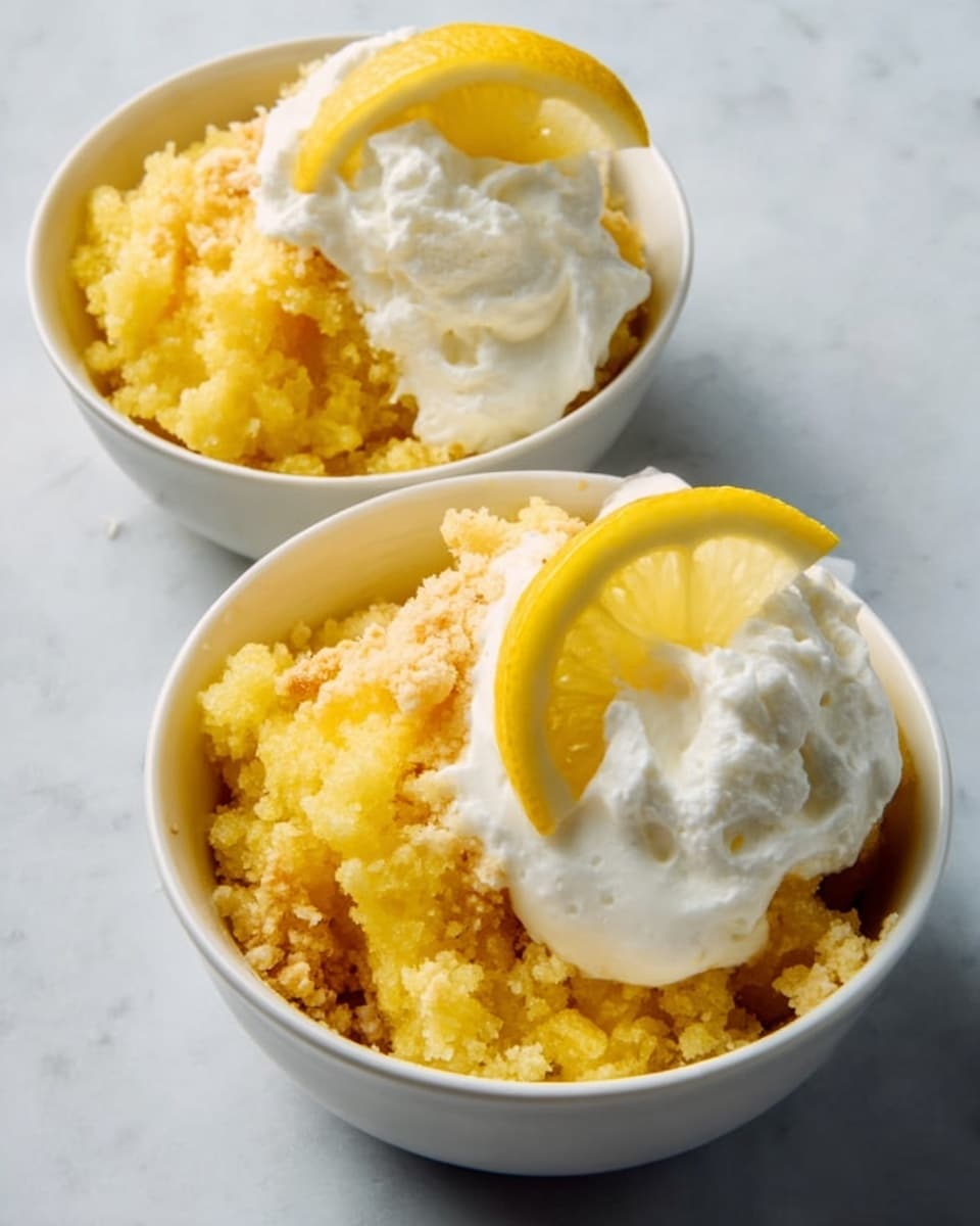 The image shows two white bowls placed on a white marbled surface. Each bowl is filled with a yellow, crumbly dessert that appears soft and moist, with a rough texture on top. On the front bowl, there is a layer of fluffy white whipped cream on top with a thin slice of lemon placed vertically at the edge of the cream. The dessert looks warm and inviting with a bright, sunny color contrast between the yellow base and the white topping. The photo taken with an iphone --ar 4:5 --v 7