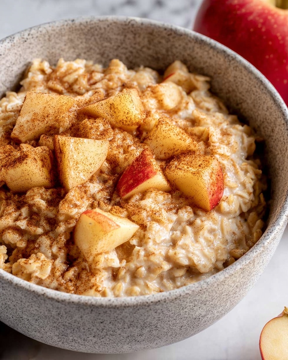 Close-up of a grey speckled bowl filled with creamy oatmeal mixed with soft cooked apple pieces. The oatmeal has a light beige color with a thick texture and is topped with cinnamon powder that is evenly sprinkled, giving a warm brown tone. The apple chunks are tender with red skin and yellow flesh, spread throughout the bowl. The bowl is placed on a white marbled surface with part of a red apple visible in the background on the right side. photo taken with an iphone --ar 4:5 --v 7