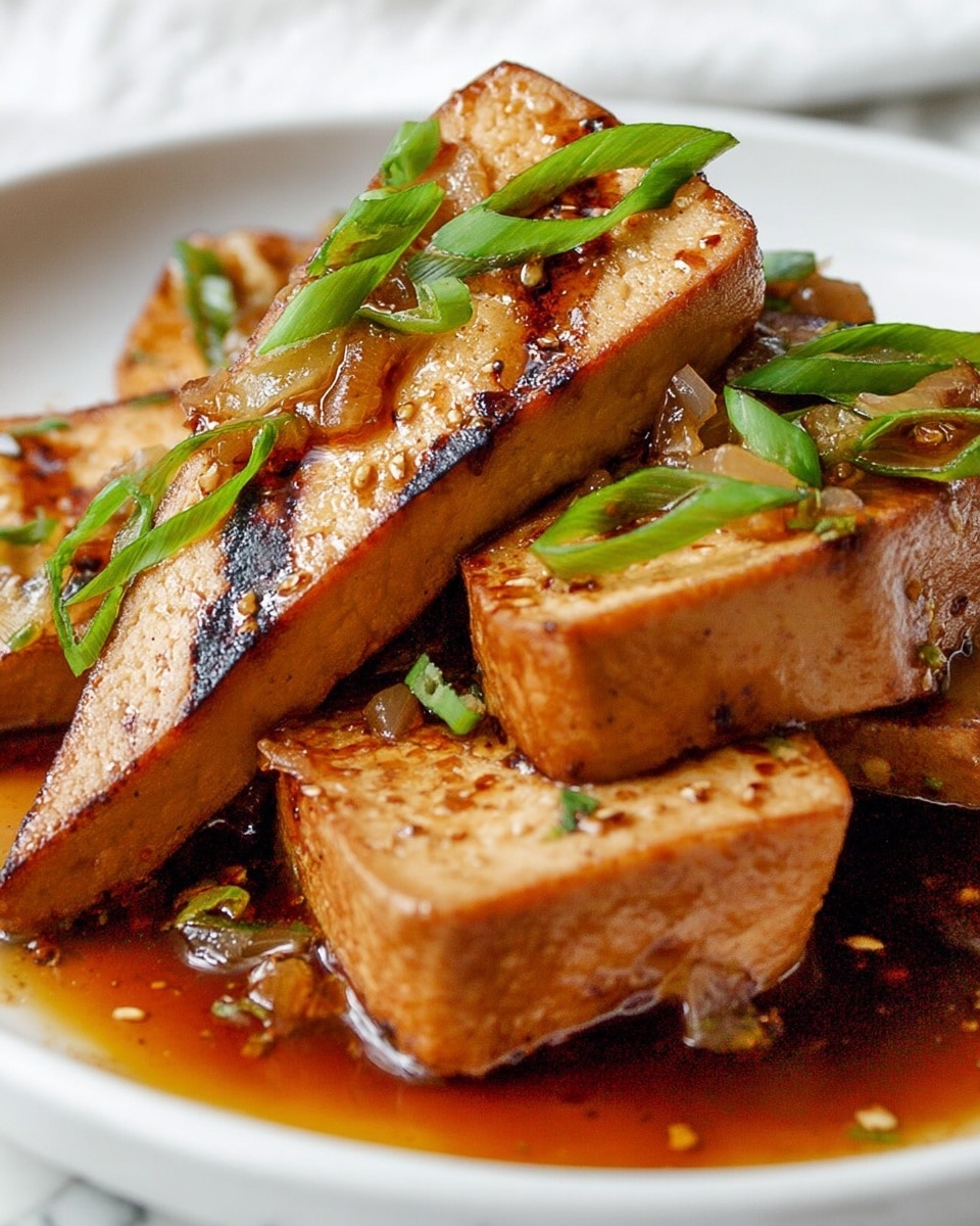 This close-up image shows several thick triangular slices of grilled tofu stacked on top of each other on a white plate, covered in a shiny brown sauce with bits of cooked onions scattered across and around them. Bright green, thinly sliced scallions are sprinkled on top and around as garnish. The tofu has clear grill marks and a slightly browned, crispy texture on the edges, resting in a pool of savory sauce. The background features a soft, white marbled texture. photo taken with an iphone --ar 4:5 --v 7