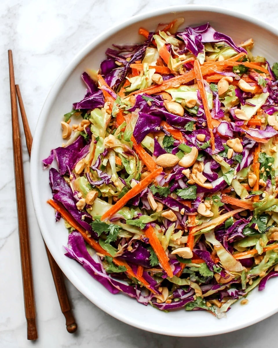 A white bowl filled with a colorful layered salad consisting of thin strips of bright purple cabbage, orange carrots, and light green lettuce mixed with chopped nuts and green herbs, showing a crunchy texture with fresh, vivid colors spread evenly throughout. The bowl sits on a white marbled surface with a pair of wooden chopsticks placed diagonally next to it. Photo taken with an iphone --ar 4:5 --v 7