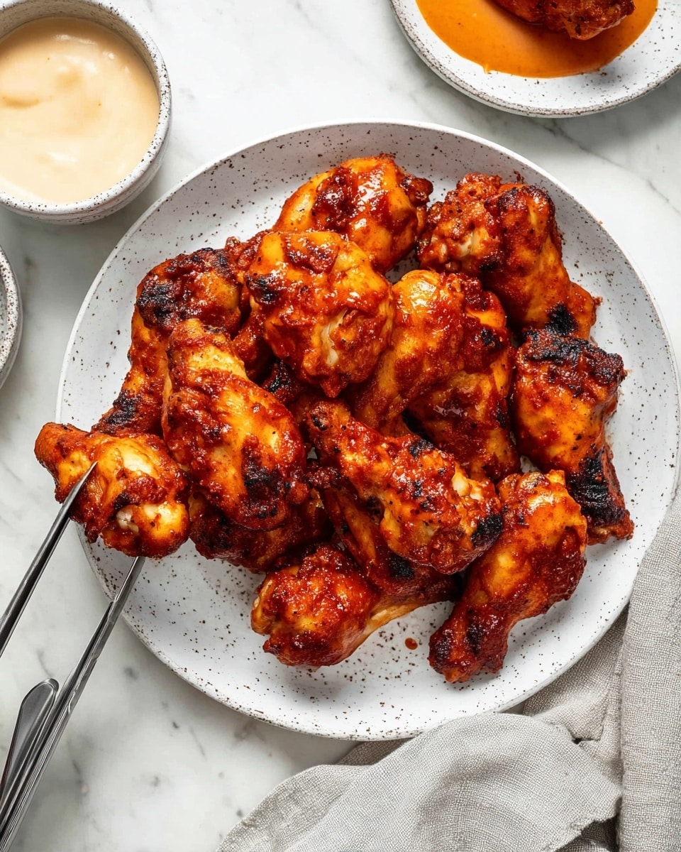 A round white speckled plate holds a pile of about twelve chicken wings coated in a deep orange-red sauce with a glossy, slightly thick texture. The wings show some charred spots, adding darker brown and black highlights. A pair of metal tongs grips one wing at the bottom left side of the plate, lifting it slightly. Above, there are two white speckled bowls, one with a creamy beige sauce and the other with a smooth bright orange sauce. On the top right, there is a smaller white speckled plate with a single chicken wing coated in the same orange-red sauce. The setting rests on a white marbled surface with a folded light grey cloth near the bottom right corner. Photo taken with an iphone --ar 4:5 --v 7