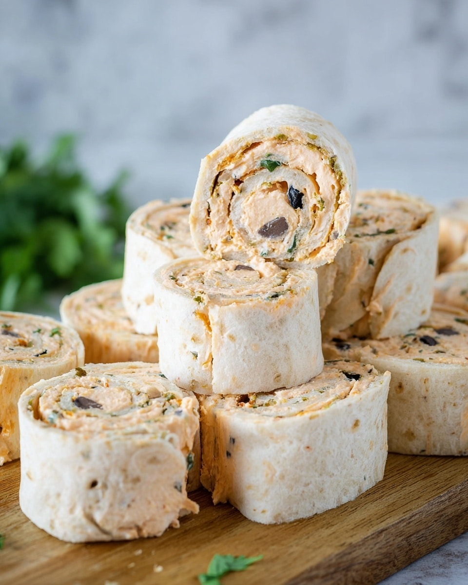 The image shows several bite-sized tortilla pinwheel rolls, stacked in a small pile on a wooden board. Each roll has two main layers: the outside is a soft, light beige tortilla, and inside is a swirled cream cheese or spread with a light orange color mixed with small bits of black olives and green herbs. The rolls are cut thick, displaying a tight spiral pattern of the filling with visible chunks that add texture. The background features a blurry green garnish on a white marbled texture. photo taken with an iphone --ar 4:5 --v 7
