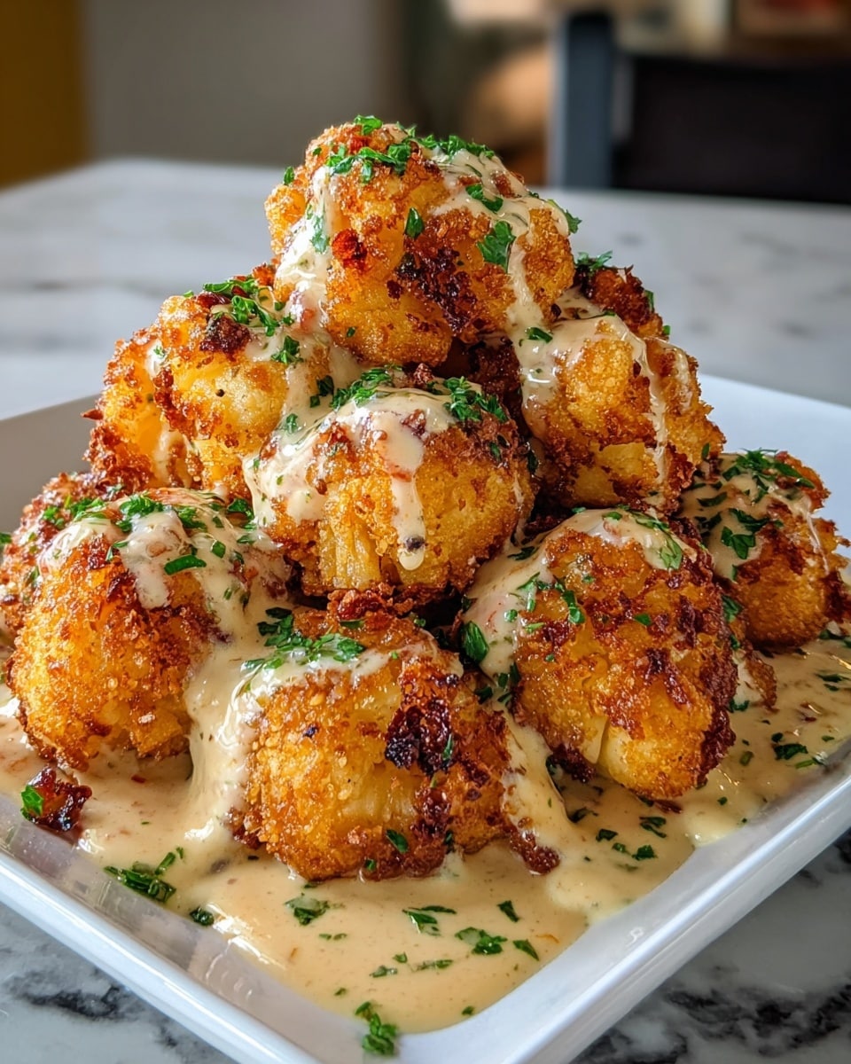 The image shows a pile of golden-brown fried cauliflower pieces arranged in a mound on a white square plate, sitting on a white marbled surface. Each cauliflower piece has a crispy, textured coating with darker, crunchy spots. A creamy, light beige sauce is drizzled unevenly over the cauliflower, pooling slightly on the plate. Small green herb bits are sprinkled over the sauce and cauliflower, adding color contrast. The lighting highlights the crispy texture and the creaminess of the sauce, making the dish look fresh and appetizing. Photo taken with an iphone --ar 4:5 --v 7