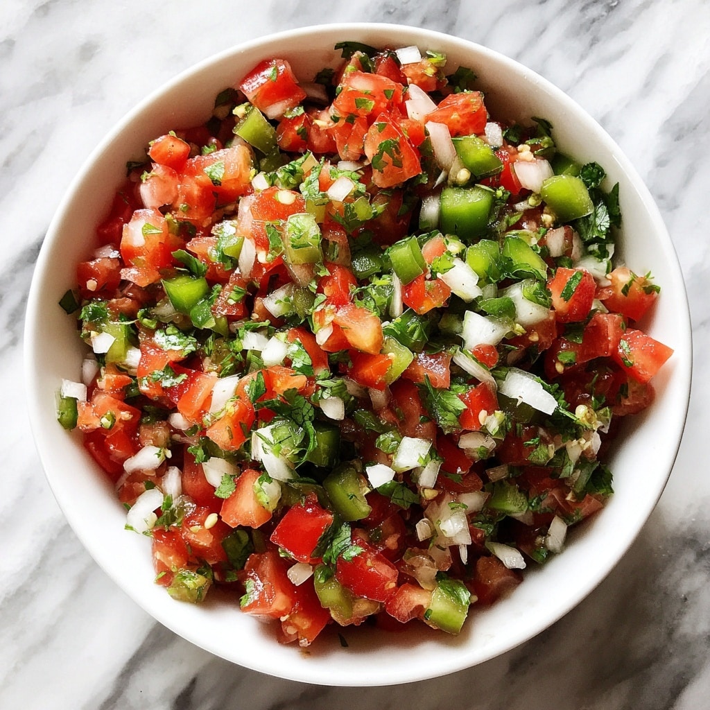 A white bowl filled with fresh pico de gallo, showing finely chopped layers of red tomatoes, white onions, green cilantro, and green jalapeños, all mixed evenly to create a colorful and fresh looking salsa. The bowl is placed on a white marbled surface. Photo taken with an iphone --ar 4:5 --v 7