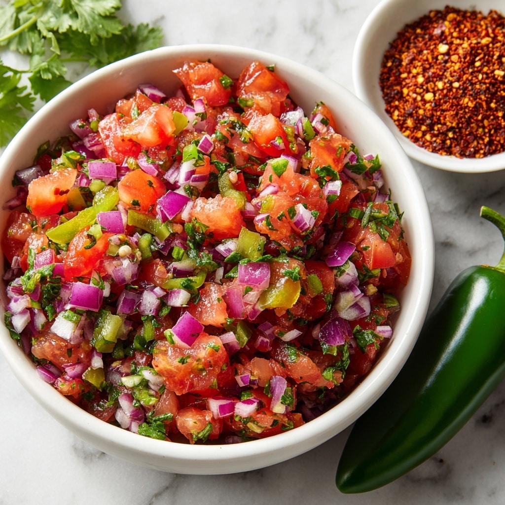 A close-up of a white bowl filled with fresh salsa made of chopped red tomatoes, small pieces of purple-red onion, finely chopped green herbs, and bits of green jalapeno. The salsa has many colorful pieces mixed together with a mix of red, purple, and green colors. On the white marbled surface to the side, there is a green whole jalapeno and a white bowl with ground red chili flakes. Photo taken with an iphone --ar 4:5 --v 7