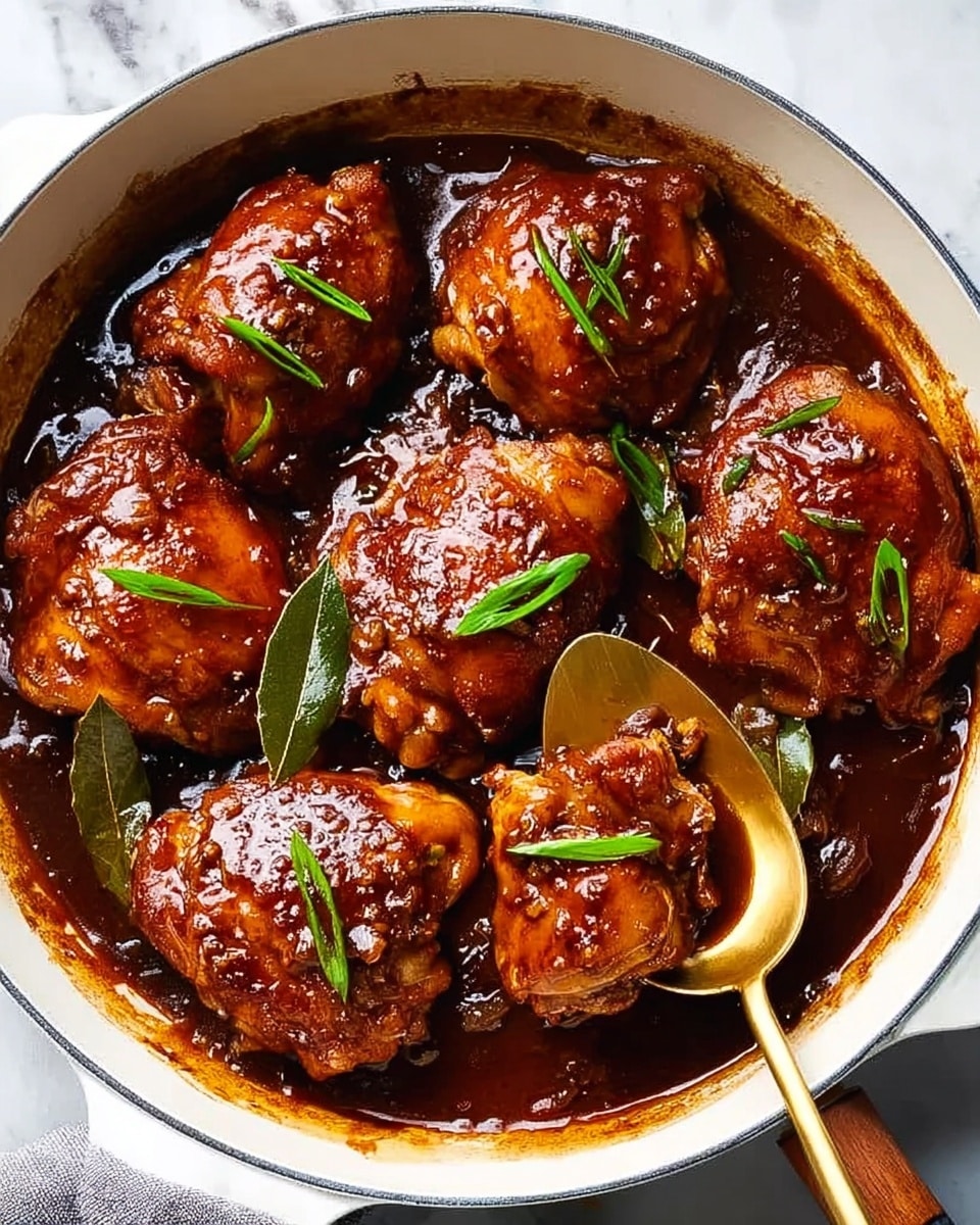 The image shows a white pan filled with six pieces of chicken thighs covered in a shiny, dark brown sauce that looks rich and thick. The chicken pieces are arranged close together, and there are some bay leaves and chopped green onions scattered on top, adding green color to the dish. A gold spoon is scooping a piece of chicken from the pan, with the sauce glistening on the chicken and spoon. The pan rests on a white marbled surface. photo taken with an iphone --ar 4:5 --v 7