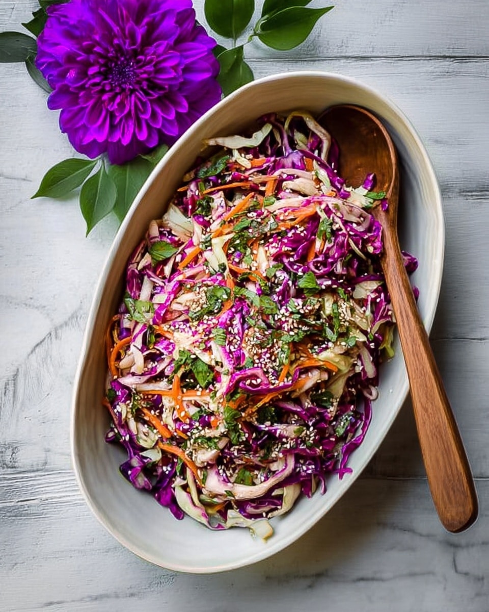 The image shows a white oval bowl filled with a colorful salad consisting of three main layers: the bottom layer is thinly sliced purple cabbage, the middle layer is thinly sliced white cabbage mixed with shredded orange carrots, and the top layer is garnished with sprinkled sesame seeds and fresh green cilantro leaves scattered across. A wooden spoon with a natural texture rests inside the bowl on the left side, partially covered by the salad. The bowl is placed on a white marbled textured surface, with a purple flower and green leaves positioned beside it. Photo taken with an iphone --ar 4:5 --v 7