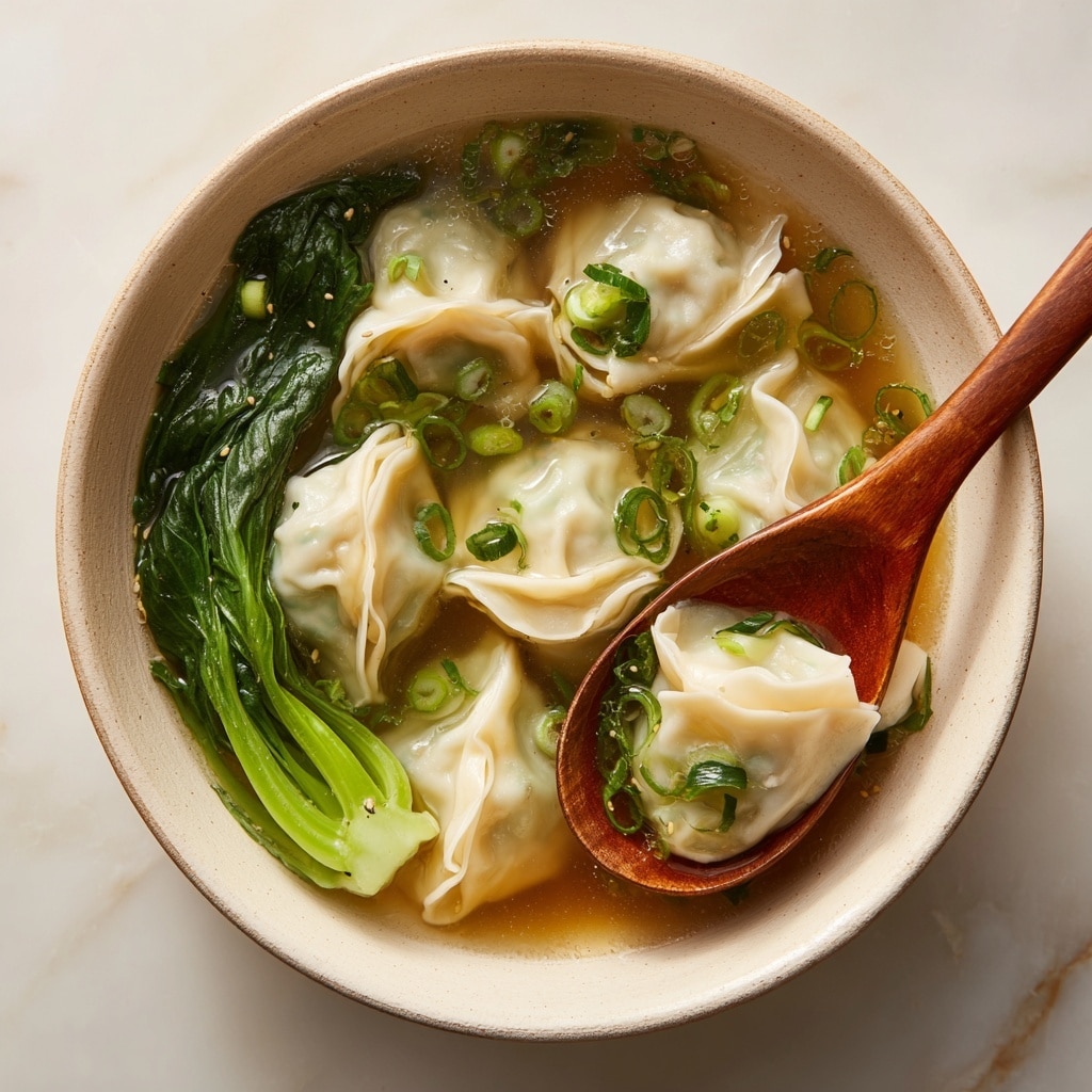 A beige bowl filled with clear broth containing six light beige wontons with smooth, folded edges floating on the surface; bright green baby bok choy leaves sit on one side of the bowl, adding a fresh touch, while small slices of green onion are scattered on top, giving pops of green; a wooden spoon rests inside the bowl, holding a single wonton with some broth, all placed on a white marbled surface. photo taken with an iphone --ar 4:5 --v 7