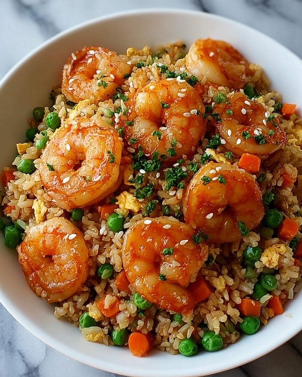 A close-up view of a dish with multiple layers mixed together: pink shrimp scattered evenly on top, small bright green peas spread throughout, small orange carrot cubes mixed in, fluffy yellow scrambled egg pieces blended with light brown cooked rice, all visible on a black pan with a wooden spoon partially in the dish, set on a white marbled surface. photo taken with an iphone --ar 4:5 --v 7