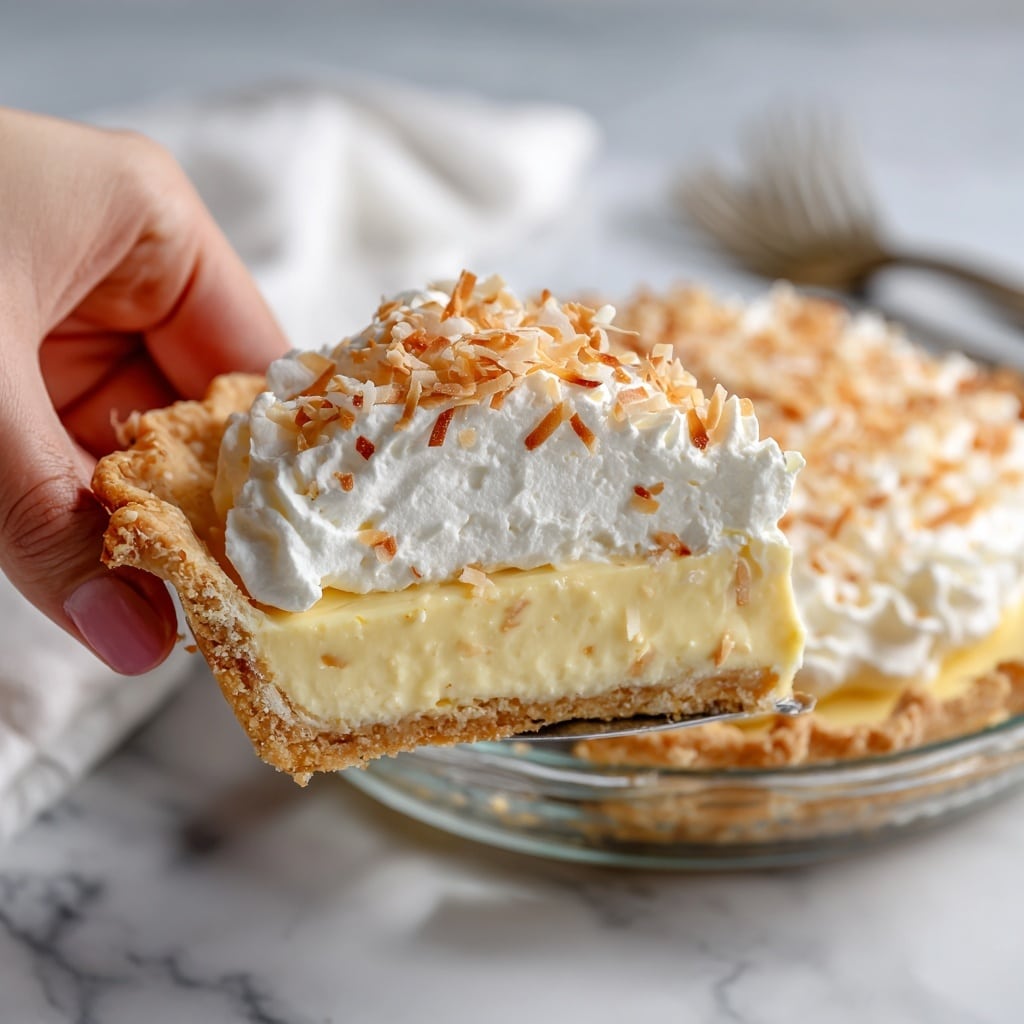 A slice of pie on a white plate with a lace-like edge is shown. The pie has three clear layers: a bottom crust layer that is golden and crumbly, a thick middle layer of smooth light yellow custard, and a top fluffy white layer of whipped cream. The whipped cream is topped with toasted coconut flakes that add a light brown, crispy texture. The background is a white marbled texture. Photo taken with an iphone --ar 4:5 --v 7