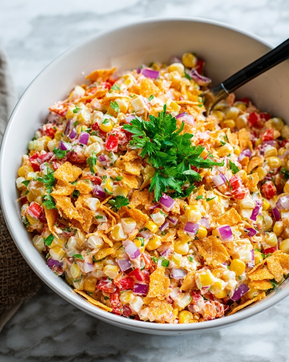 A close-up view of a white bowl filled with a colorful salad that has multiple layers of chopped ingredients. At the base are small yellow corn kernels and red diced bell peppers mixed with finely chopped purple onions. There are also crushed orange chips scattered throughout, adding a crunchy texture. Thin strips of pale cheese blend in with the mix, and fresh green parsley leaves top the salad as garnish. A black spoon rests inside the bowl on the right side. The bowl is placed on a white marbled surface, giving the image a clean and bright look. Photo taken with an iphone --ar 4:5 --v 7