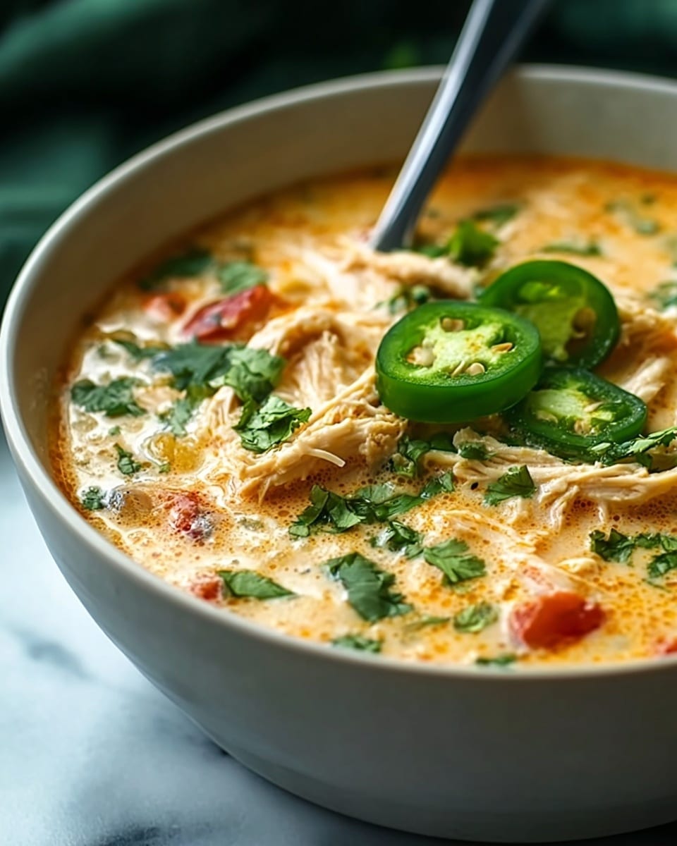 A close-up of a bowl showing a creamy soup with chunks of white chicken meat and green cilantro leaves scattered on top. The soup has a light orange color with swirls of red chili oil, and there is a bright green slice of jalapeño placed near the center. The bowl is white with a rough texture on the outside. The background is a white marbled surface with some blurred green peppers. A spoon is partially visible, scooping some chicken and soup inside the bowl. Photo taken with an iphone --ar 4:5 --v 7