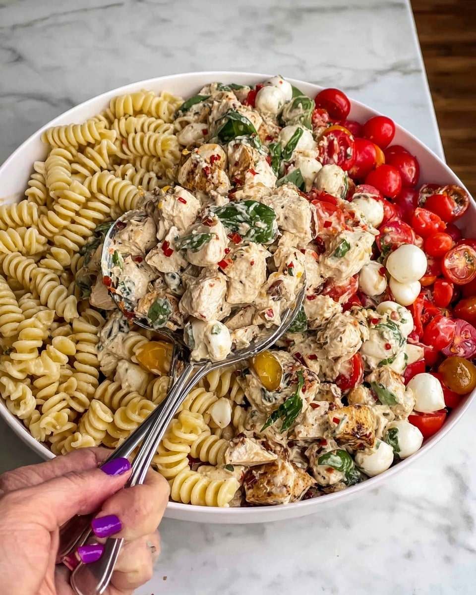 A white bowl filled with a layered pasta dish is shown on a white marbled surface. The bottom layer is made of small, spiral-shaped pasta with a light yellow color. On top of the pasta sit bright red cherry tomatoes, which are cut in halves. Next to the tomatoes are white, round mozzarella balls. Covering the center to the right side of the bowl is a layer of grilled chicken pieces seasoned with red spices, giving a speckled red and brown look. The dish is topped with a generous amount of chopped fresh green basil leaves, adding a vibrant contrast to the other colors. A silver spoon rests inside the bowl. Photo taken with an iphone --ar 4:5 --v 7