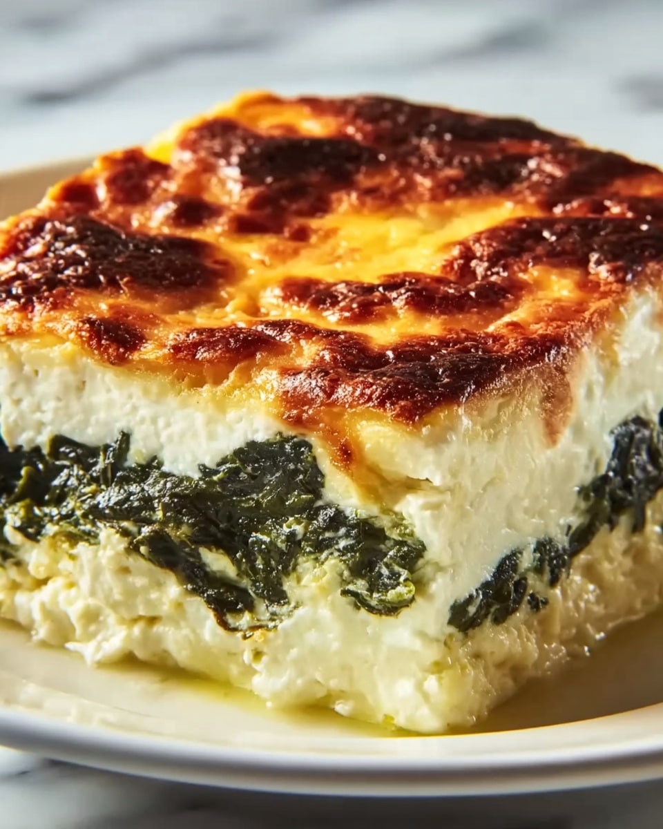 A close-up of a thick square slice of cheesy spinach lasagna with three visible layers: the top layer is golden brown with melted and slightly burnt cheese, the middle layer is dark green cooked spinach, and the bottom layer is creamy white sauce. The edges are soft and the top surface looks bubbly and textured. The dish rests on a white plate placed on a white marbled textured surface. Photo taken with an iphone --ar 4:5 --v 7